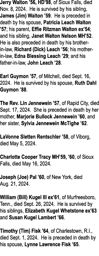 Jerry Walton ’56, HD’98, of Sioux Falls, died Nov. 8, 2024. He is survived by his sibling, James (Jim) Walton ’59. He...