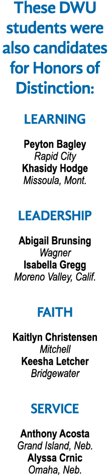 These DWU students were also candidates for Honors of Distinction: Learning Peyton Bagley Rapid City Khasidy Hodge Mi...
