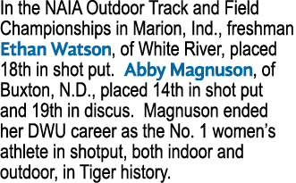 In the NAIA Outdoor Track and Field Championships in Marion, Ind., freshman Ethan Watson, of White River, placed 18th...