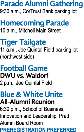Parade Alumni Gathering 9:30 a.m., CorTrust Bank parking lot Homecoming Parade 10 a.m., Mitchell Main Street Tiger Ta...