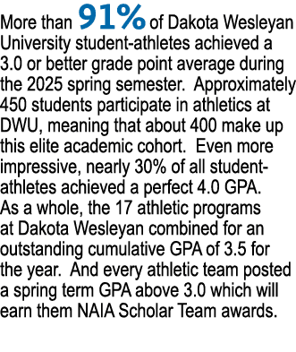 More than 91% of Dakota Wesleyan University student athletes achieved a 3.0 or better grade point average during the ...