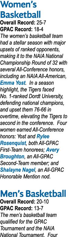 Women’s Basketball Overall Record: 25 7 GPAC Record: 18 4 The women’s basketball team had a stellar season with major...