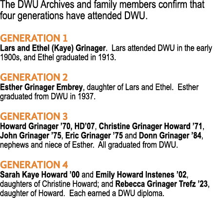The DWU Archives and family members confirm that four generations have attended DWU. Generation 1 Lars and Ethel (Kay...