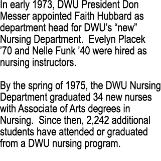 In early 1973, DWU President Don Messer appointed Faith Hubbard as department head for DWU’s “new” Nursing Department...