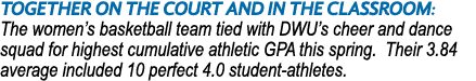 together on the court and in the classroom: The women’s basketball team tied with DWU’s cheer and dance squad for hig...