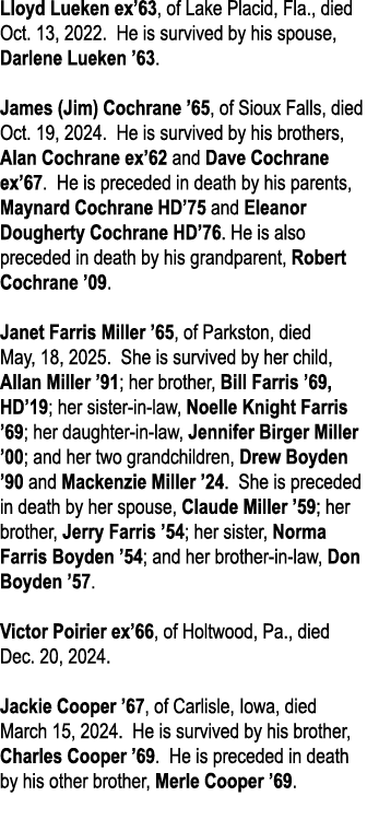 Lloyd Lueken ex’63, of Lake Placid, Fla., died Oct. 13, 2022. He is survived by his spouse, Darlene Lueken ’63. James...