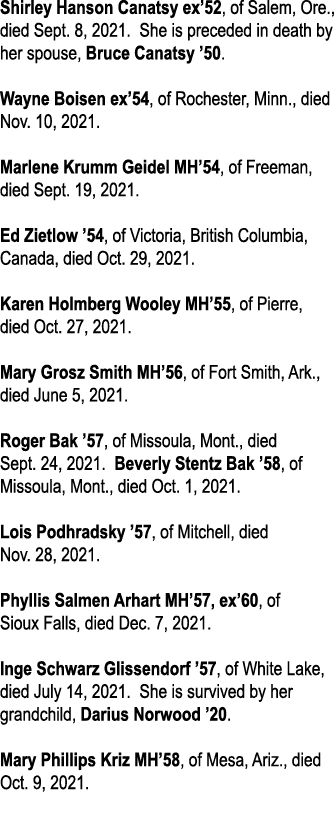 Shirley Hanson Canatsy ex 52, of Salem, Ore , died Sept  8, 2021  She is preceded in death by her spouse, Bruce Canat   