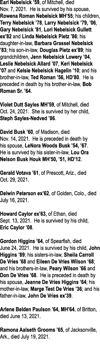 Earl Nebelsick  59, of Mitchell, died Nov  7, 2021  He is survived by his spouse, Rowena Roman Nebelsick MH 55; his c   