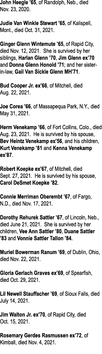 John Heegle  65, of Randolph, Neb , died Nov  23, 2020  Judie Van Winkle Stewart  65, of Kalispell, Mont , died Oct     