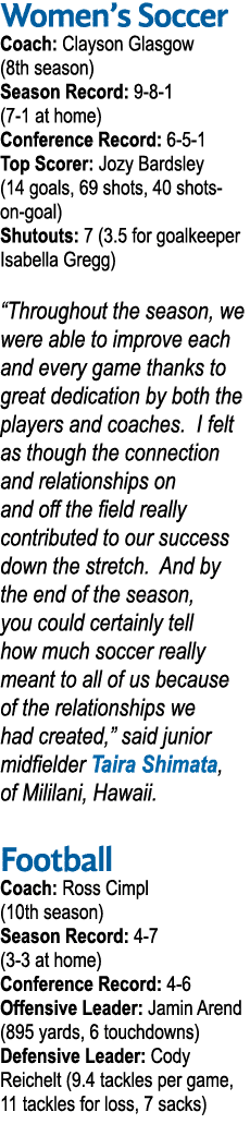 Women s Soccer Coach: Clayson Glasgow (8th season) Season Record: 9-8-1 (7-1 at home) Conference Record: 6-5-1 Top Sc   