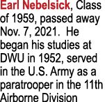 Earl Nebelsick, Class of 1959, passed away Nov  7, 2021  He began his studies at DWU in 1952, served in the U S  Army   