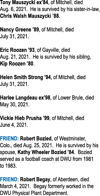 Tony Mauszycki ex 84, of Mitchell, died Aug  6, 2021  He is survived by his sister-in-law, Chris Walsh Mauszycki  88    