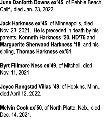 June Danforth Downs ex 45, of Pebble Beach, Calif , died Jan  23, 2022  Jack Harkness ex 45, of Minneapolis, died Nov   