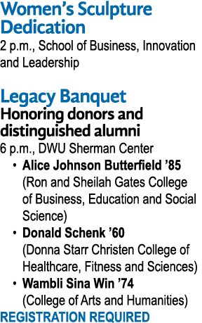 Women s Sculpture Dedication 2 p m , School of Business, Innovation and Leadership Legacy Banquet Honoring donors and   