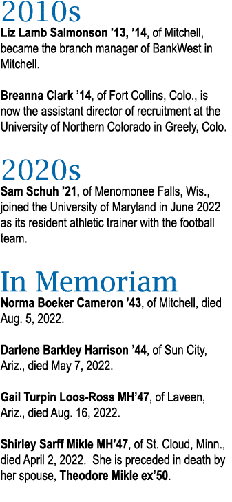 2010s Liz Lamb Salmonson  13,  14, of Mitchell, became the branch manager of BankWest in Mitchell  Breanna Clark  14,   
