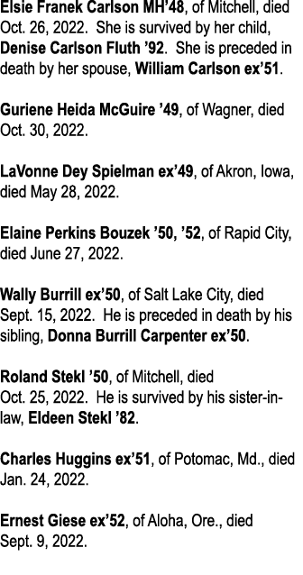 Elsie Franek Carlson MH 48, of Mitchell, died Oct  26, 2022  She is survived by her child, Denise Carlson Fluth  92     