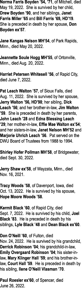 Norma Farris Boyden  54,  71, of Mitchell, died May 19, 2022  She is survived by her child, Drew Boyden  90, and her    