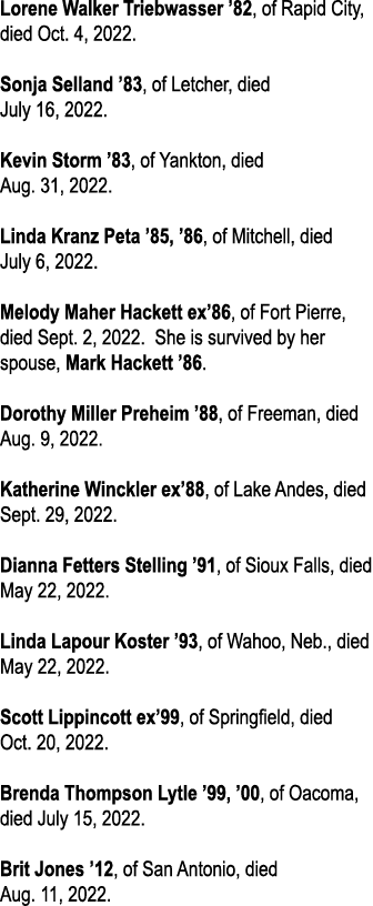 Lorene Walker Triebwasser  82, of Rapid City, died Oct  4, 2022  Sonja Selland  83, of Letcher, died July 16, 2022  K   