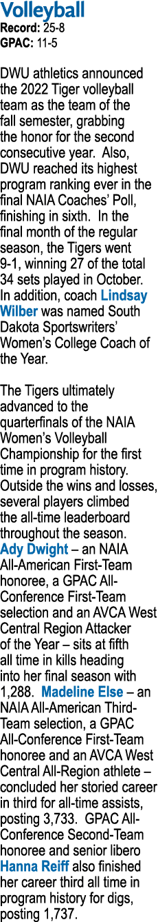 Volleyball Record: 25-8 GPAC: 11-5 DWU athletics announced the 2022 Tiger volleyball team as the team of the fall sem   