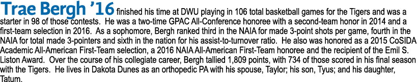 Trae Bergh  16 finished his time at DWU playing in 106 total basketball games for the Tigers and was a starter in 98    