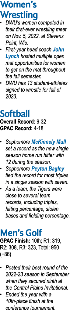 Women s Wrestling   DWU s women competed in their first-ever wrestling meet on Nov  5, 2022, at Stevens Point, Wis      