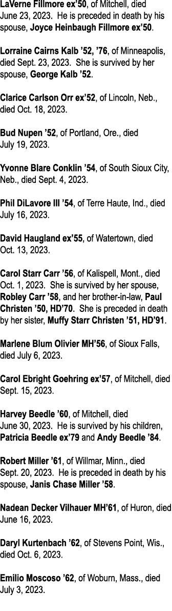 LaVerne Fillmore ex’50, of Mitchell, died June 23, 2023. He is preceded in death by his spouse, Joyce Heinbaugh Fillm...