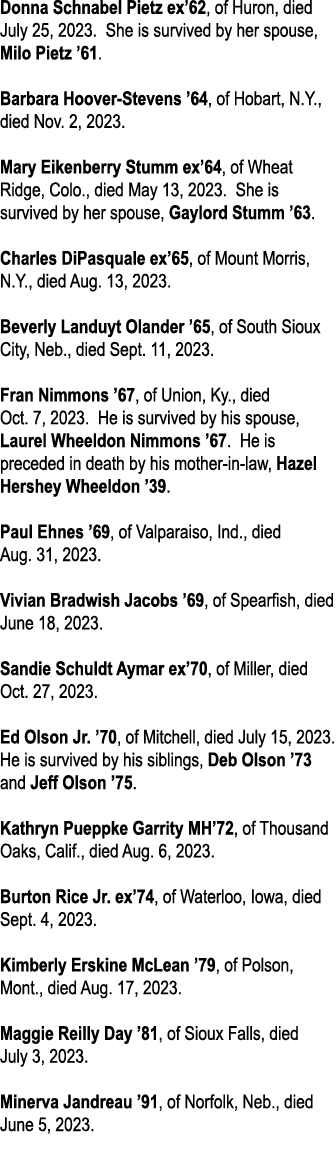 Donna Schnabel Pietz ex’62, of Huron, died July 25, 2023. She is survived by her spouse, Milo Pietz ’61. Barbara Hoov...