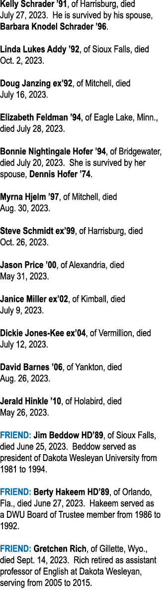 Kelly Schrader ’91, of Harrisburg, died July 27, 2023. He is survived by his spouse, Barbara Knodel Schrader ’96. Lin...