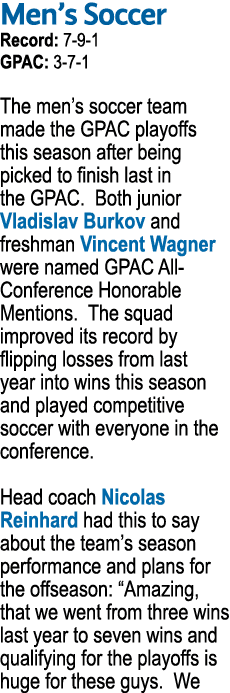 Men’s Soccer Record: 7 9 1 GPAC: 3 7 1 The men’s soccer team made the GPAC playoffs this season after being picked to...