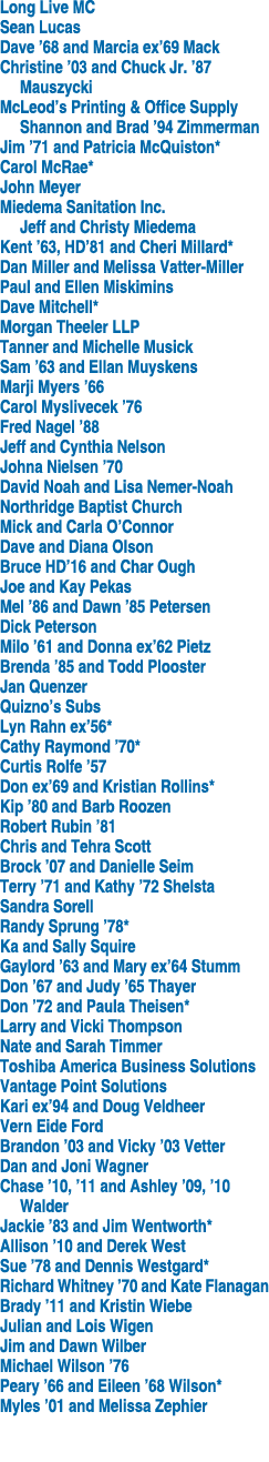 Long Live MC Sean Lucas Dave ’68 and Marcia ex’69 Mack Christine ’03 and Chuck Jr. ’87 Mauszycki McLeod’s Printing & ...