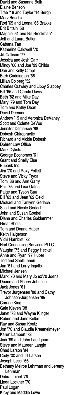 David and Susanne Belk Elaine Benson Trae ’16 and Taylor ’14 Bergh Merv Bouchie Rod ’65 and Leona ’65 Brakke Brit Bri...