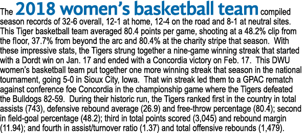 The 2018 women’s basketball team compiled season records of 32 6 overall, 12 1 at home, 12 4 on the road and 8 1 at n...