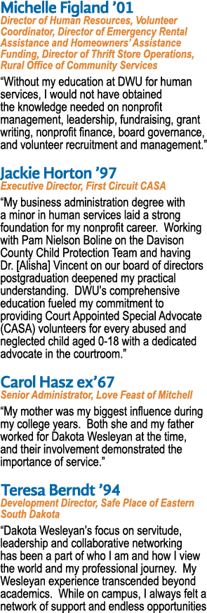 Michelle Figland ’01 Director of Human Resources, Volunteer Coordinator, Director of Emergency Rental Assistance and ...