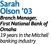Sarah Olson ’03 Branch Manager, First National Bank of Omaha 19 years in the Mitchell banking industry