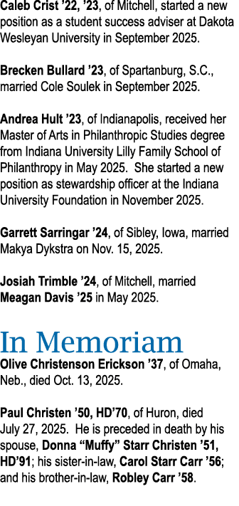 Caleb Crist ’22, ’23, of Mitchell, started a new position as a student success adviser at Dakota Wesleyan University ...