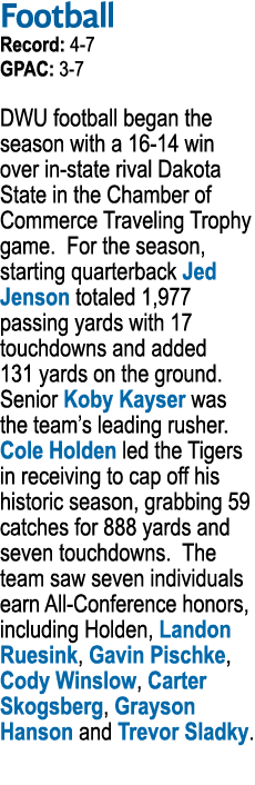 Football Record: 4 7 GPAC: 3 7 DWU football began the season with a 16 14 win over in state rival Dakota State in the...