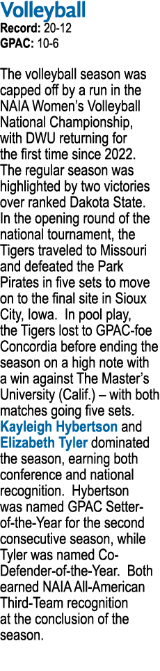 Volleyball Record: 20 12 GPAC: 10 6 The volleyball season was capped off by a run in the NAIA Women’s Volleyball Nati...