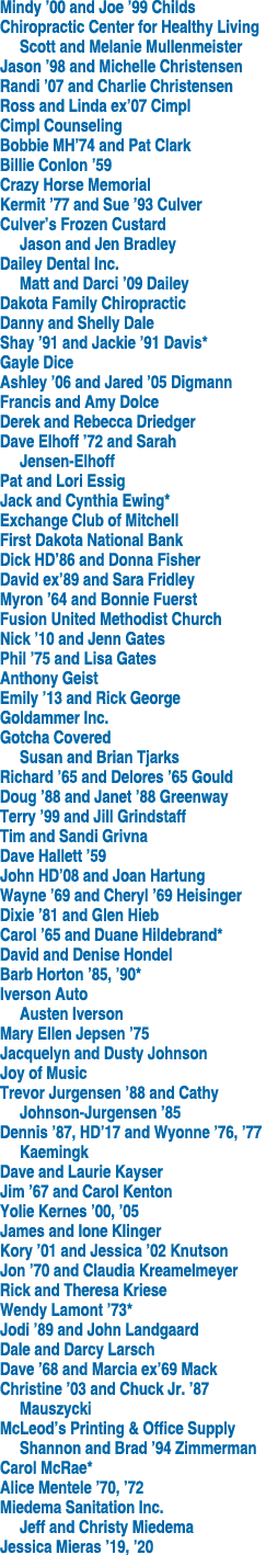 Mindy ’00 and Joe ’99 Childs Chiropractic Center for Healthy Living Scott and Melanie Mullenmeister Jason ’98 and Mic...