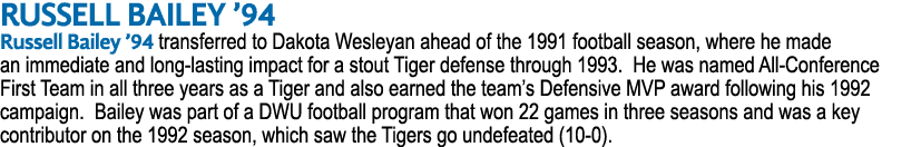 RUSSELL BAILEY ’94 Russell Bailey ’94 transferred to Dakota Wesleyan ahead of the 1991 football season, where he made...