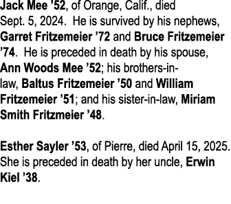 Jack Mee ’52, of Orange, Calif., died Sept. 5, 2024. He is survived by his nephews, Garret Fritzemeier ’72 and Bruce ...