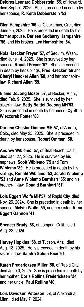 Delores Leonard Dobberstein ’55, of Howard, died Sept. 7, 2025. She is preceded in death by her spouse, R. Keith Dobb...