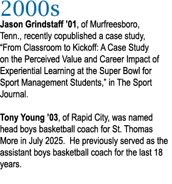 2000s Jason Grindstaff ’01, of Murfreesboro, Tenn., recently copublished a case study, “From Classroom to Kickoff: A ...