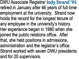 DWU Associate Registrar Jody Strand ’95 retired in January after 46 years of full time employment at the university. ...