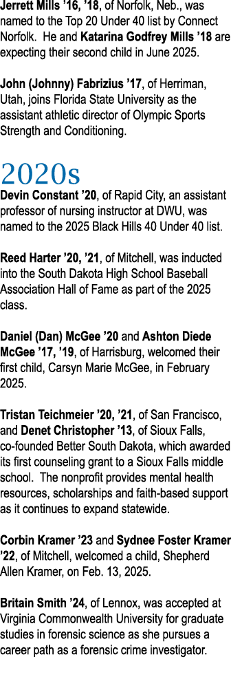 Jerrett Mills ’16, ’18, of Norfolk, Neb., was named to the Top 20 Under 40 list by Connect Norfolk. He and Katarina G...