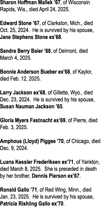 Sharon Hoffman Mallek ’67, of Wisconsin Rapids, Wis., died April 24, 2025. Edward Stone ’67, of Clarkston, Mich., die...